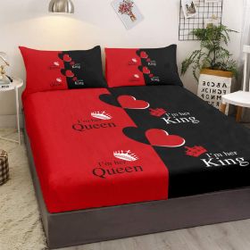 Romantic Hearts Love King and Queen Crown Bedding Set,3 Pieces Couple Fitted Sheet with 2 Pillowcases