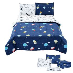 Kids Comforter Set, 5 Pieces, Twin Bedding Sets with 1 Comforter, 1 Flat Sheet, 1 Fitted Sheet, 2 Pillowcases, Soft Microfiber & Space Printed