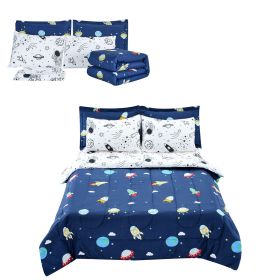 Kids Comforter Set, 7 Pieces, Twin Bedding Sets with 1 Comforter, 1 Flat Sheet, 1 Fitted Sheet, 4 Pillowcases, Soft Microfiber & Space Printed