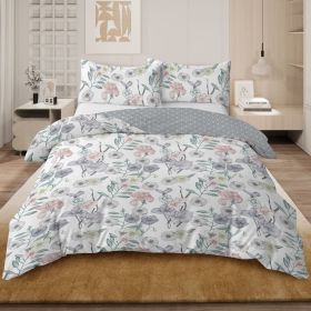 Girls Duvet Cover Full Floral Aesthetic Bedding Sets Gray Pink Flower Duvet Cover Set Teens Flower Kids Reversible Comforter Cover with Botanical