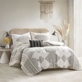 4 Piece Printed Comforter Set with Throw Pillow Black/Ivory Full/Queen