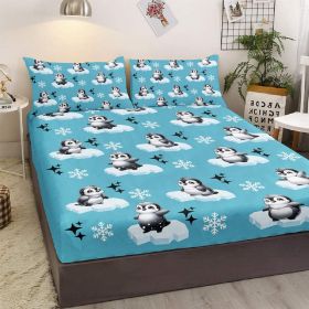 Penguin Bedding Set for Kids Boys Girls Antarctic Animal Sheet Set Cartoon Style Penguin Illustration Fitted Sheet (size: KING)