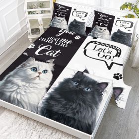 Cat Sheet, Pretty Cat Sheets Set 4Pcs,Black White Flat Sheet,Cute Animal Printed Bed Set with 1 Fitted Sheet 1 Flat Sheet 2 Pillowcases (size: QUEEN)