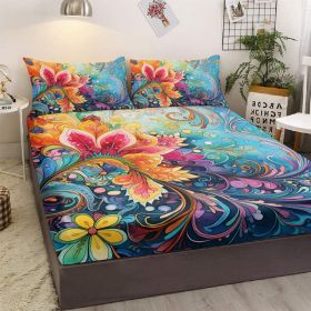 Bedding Fitted Sheet with Deep Pocket Mattress Cover Sheets,Colorful Flowers Printed Fabric Bed Sheets (size: Full)