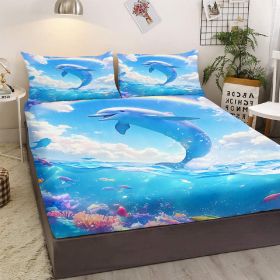 Blue Cartoon Bedding Fitted Sheet Set 3Pcs Dolphin Printed Bedding Set with 1 Fitted Sheet + 2 Pillowcases (size: KING)