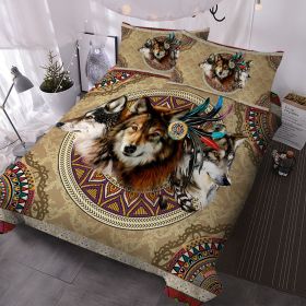 Wolf Duvet Cover Set 3 Pcs Retro Brown Tribal Boho Grid Bedding Comforter for Kids Teens Adults Wild Animal Quilt Duvet Set with 2 Pillowcases (size: KING)