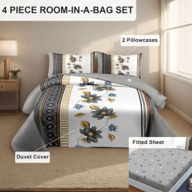 4 Piece Soft All-Season Washed Microfiber Cover Set , Queen/King/Calking Bedding Set With Zipper Closure, Sheet, Pillowcases,Print, Moisture-Wick (Color: grey/white flower, size: KING)