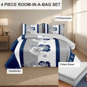 4-Piece Navy Blue Floral Bedding Set (Queen/King/Cal King) - Quilted Microfiber Quilt + Pillow Shams + Flat Sheet (Color: blue/white flower, size: CAL KING)
