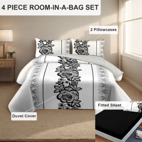 4 Piece Soft All-Season Washed Microfiber Cover Set , Queen/King/Calking Bedding Set With Zipper Closure, Sheet, Pillowcases,Print, Moisture-Wick (Color: black/white boho flower, size: QUEEN)