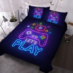 Gaming Bedding Sets for Boys Trippy Gamer Bed Set with Duvet Cover Pillowcases Neon Purple Blue 3 Piece Game Contoller Bedding Set for Kids Teens (Color: Purple, size: Full)
