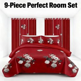 9-Piece Burgundy Red Floral Bedding & Curtain Combo Set, Vibrant Crimson Quilted Bedspread with 6 Light Filtering Window Panels & 2 Shams (Color: Burgundy / Crimson Red Floral, size: QUEEN)