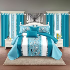 9-Piece Turquoise Paisley Bedding & Curtain Set (Queen/King/Cal King) - Quilted Microfiber Bedspread + Sheer Curtains (Color: blue/white stamen, size: TWIN)