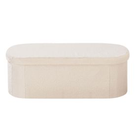 Oval Storage Ottoman Bench, Foldable Teddy Fleece End of Bed Bench, Folding Upholstered Bed Ottoman Chest with Large Storage Space, Supports 660 (Color: Beige, Type: Oval-Foldable)