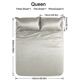 4-piece ultra-soft 85g satin sheet and pillowcase set, solid color, machine washable, suitable for all seasons, comfortable bedding set, for sing (Color: Silver, size: queen(59.84''*79.92''))