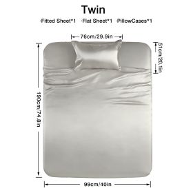 4-piece ultra-soft 85g satin sheet and pillowcase set, solid color, machine washable, suitable for all seasons, comfortable bedding set, for sing (Color: Silver, size: twin(38.98''*74.8''))
