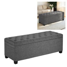 Storage Ottoman Bench, Button-Tufted End of Bed Bench with Side Bags, Flip-up Upholstered Storage Chest with Metal Frame (Color: Gray, Type: Square)