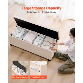 Storage Ottoman Bench, Button-Tufted End of Bed Bench with Side Bags, Flip-up Upholstered Storage Chest with Metal Frame (Color: Beige, Type: Square)
