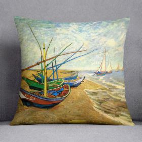 Fishing Boats on the Beach at Saintes-Maries by Van Gogh Cushion (Insert: Without Insert, size: 18" X 18")