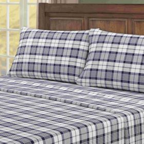 Kathy Ireland 100% Turkish Cotton Flannel Sheet Set (Color: Denim Check, size: QUEEN)